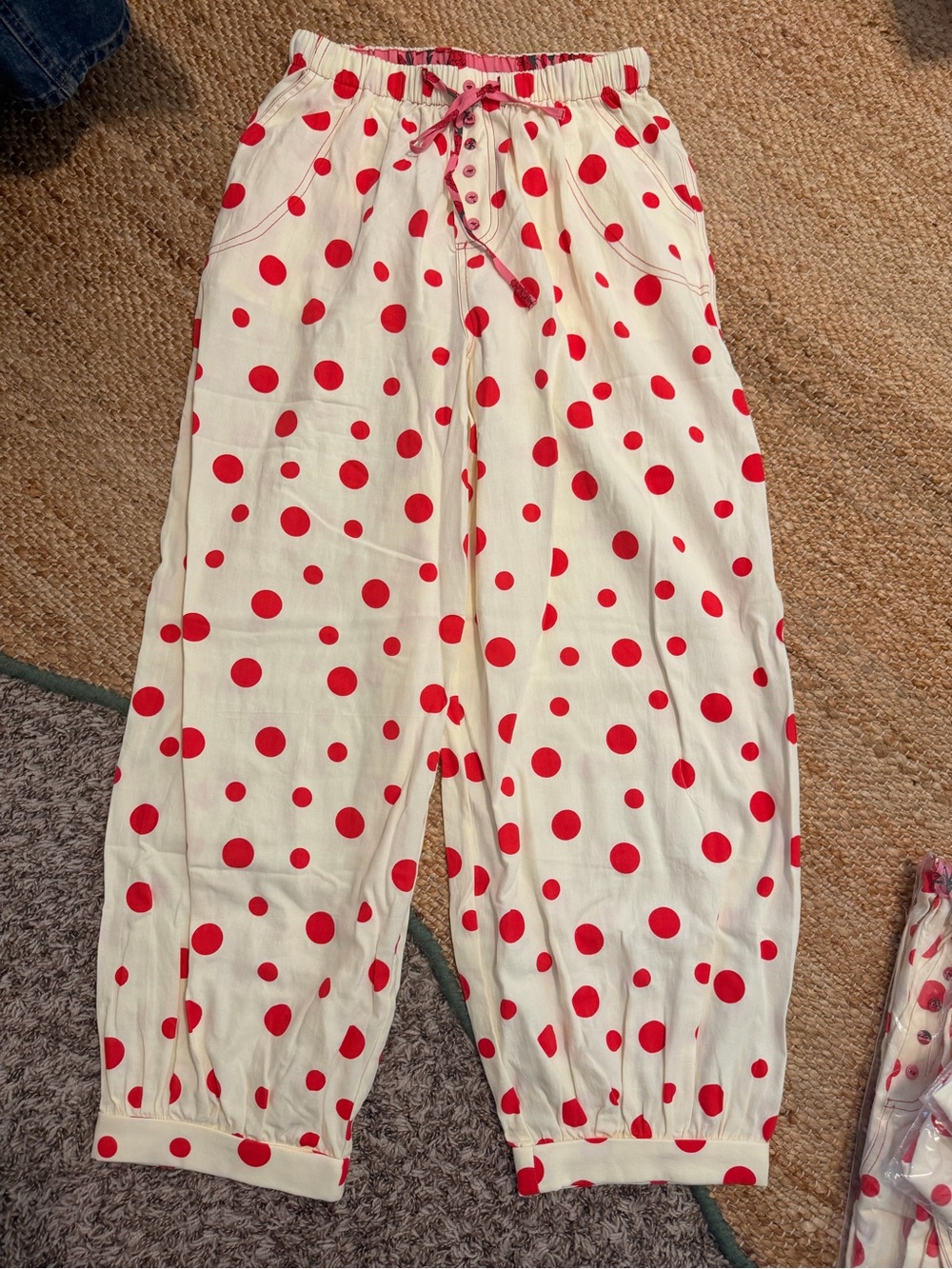 Cream Pajama Pants with Red Polka Dots